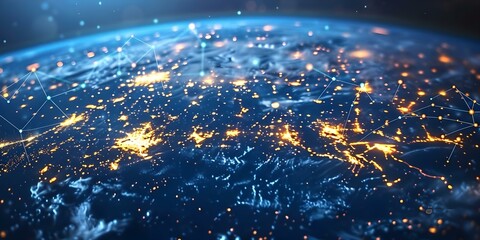 Naklejka premium Global Network of Telecommunication Nodes: Connecting the World through Internet Technology. Concept Telecommunication Infrastructure, Global Connectivity, Network Nodes, World Wide Web