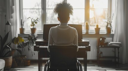 Woman in wheelchair is studying piano