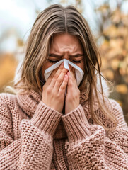 woman blowing her nose due to spring allergies - pollen allergy concept - obrazy, fototapety, plakaty