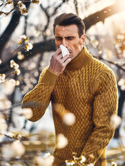 man blowing his nose due to spring allergies - pollen allergy concept