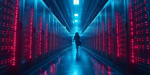 IT scientists developing quantum computer in data center with laptops. Concept Quantum Computing, IT Scientists, Data Center, Laptops, Technology Development