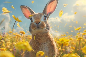 Spring rabbit, bunny in a field with flowers, sniffs a flower, green meadow, yellow flowers and sunny spring day. Easter - obrazy, fototapety, plakaty