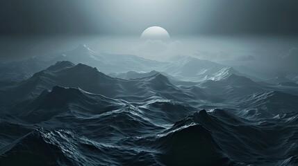 Minimal dark textured landscape background. Sea waves and moon, night sky. 