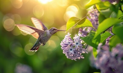 A lilac flower being visited by a hummingbird