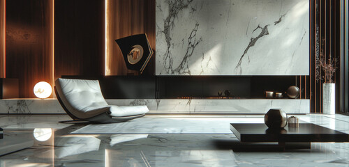 Monochromatic marble, sleek fireplace, and futuristic furniture in a chic modern dwelling.