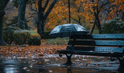 A lone umbrella on a wet park bench during in the rain
