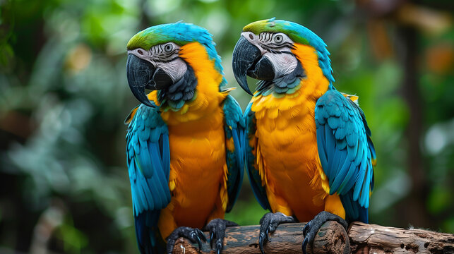 Two blue and gold macaws, tropical climate, pet, rainforest