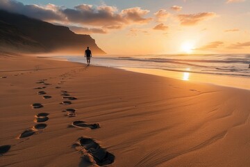 Peaceful Solitude with Footsteps on a Sunrise Beach