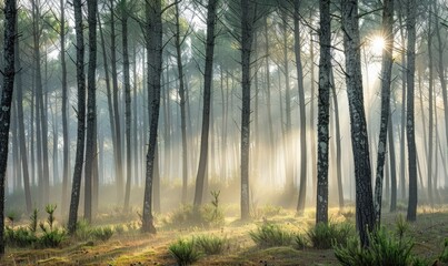 A misty morning in the pine forest, nature background