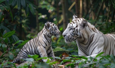 Naklejka premium White tiger with cubs in the forest