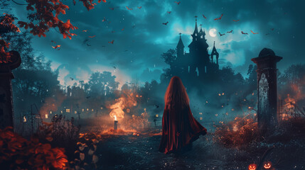 scary halloween background with a ghost girl on a graveyard - obrazy, fototapety, plakaty