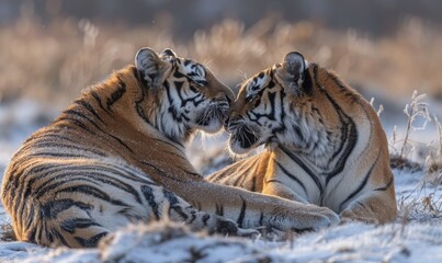 A pair of Siberian tigers engaging in a playful wrestling match