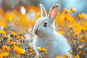 Spring rabbit, bunny in a field with flowers, sniffs a flower, green meadow, yellow flowers and sunny spring day. Easter