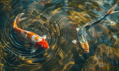 A pair of koi fish in the pond, closeup