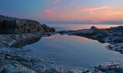 A peaceful tide pool reflecting the colors of the sky at twilight - Powered by Adobe