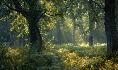 A peaceful woodland scene with sunlight filtering through the trees