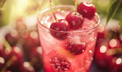 A refreshing glass of cherry lemonade garnished with ripe cherries