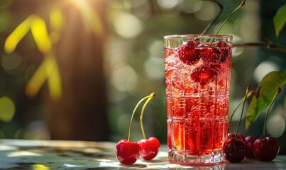 A refreshing glass of cherry lemonade garnished with ripe cherries