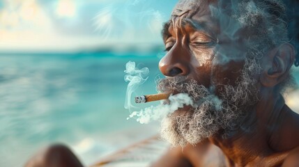 Close up of jamaican man smoking marijuana on ocean shore with a cigarette in a photorealistic scene - obrazy, fototapety, plakaty