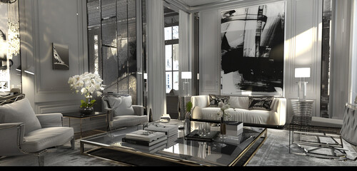 Monochrome chic living room with shades of gray, mirrored surfaces, and abstract art,