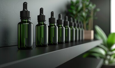 A row of blank dropper bottle mockups containing facial oil, nature beauty