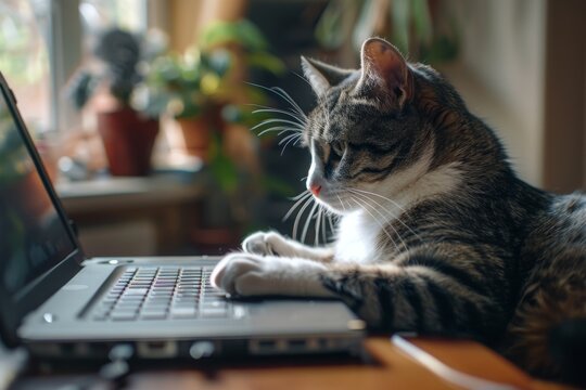A domestic cat sits at a desk using a laptop. Work, social networks, entertainment. Distant work