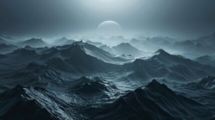 Minimal dark textured landscape background. Sea waves and moon, night sky.  - obrazy, fototapety, plakaty