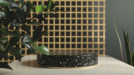 Mockup of black terrazzo podium looping seamless shadow animation with gold grid and green houseplant. Mockup product display. Copy paste area for product