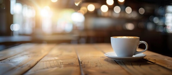A cup of coffee on a wooden surface - obrazy, fototapety, plakaty