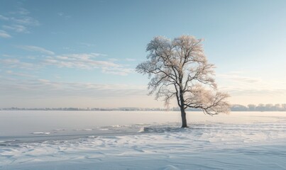 Fototapeta na wymiar A solitary tree standing on the frozen shore of a lake
