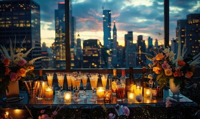 A stylish cocktail bar setup at a rooftop party