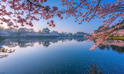A spring lake surrounded by blooming cherry blossoms