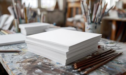 A stack of white paper pads surrounded by graphite pencils in an artist's studio - Powered by Adobe