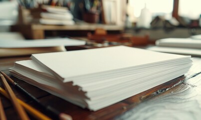 A stack of white paper pads surrounded by graphite pencils in an artist's studio