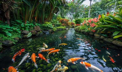 A tranquil koi pond surrounded by lush vegetation and blooming flowers
