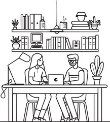 black and white vector illustrations with flat cartoon characters working in the office
