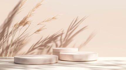 Podium for Presentation of a Cosmetic Product on Pastel Beige Background in the Morning Rays of Light and Shadows. Cream, Gel, Collagen Serum, Essential oil. Mockup product display.  Copy paste area  - obrazy, fototapety, plakaty