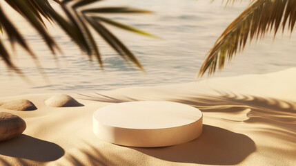 Fototapeta premium Stone podium for demonstration of natural cosmetics on sand beach. Placement for presentation of beauty products. Mockup product display. Copy paste area for product