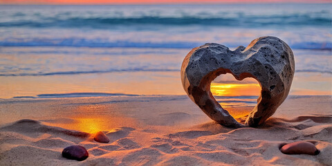 A heart-shaped stone rests on the sandy shore. - 774909971