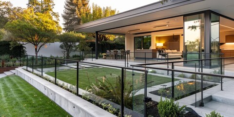 a modern metal and glass fence to enclose the backyard of a contemporary home.