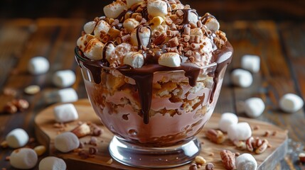 Indulge in a decadent ice cream sundae, topped with rich chocolate drizzle, marshmallows, and nuts