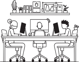 black and white vector illustrations with flat cartoon characters working in the office