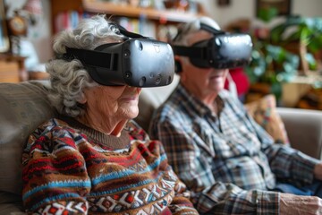 Elderly senior couple enjoying virtual reality at home