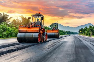 Vibratory asphalt rollers compact the new asphalt surface. Road services are building a new highway. generative ai - obrazy, fototapety, plakaty