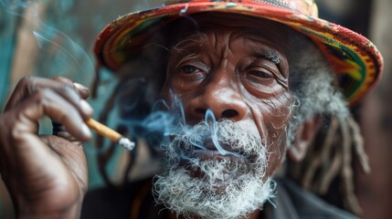 Realistic portrait of elderly jamaican man in rastaman hat smoking marijuana in urban slum
