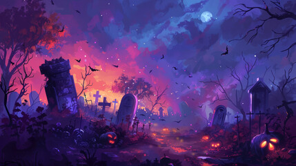 Scary halloween background with cemetery in neon colors