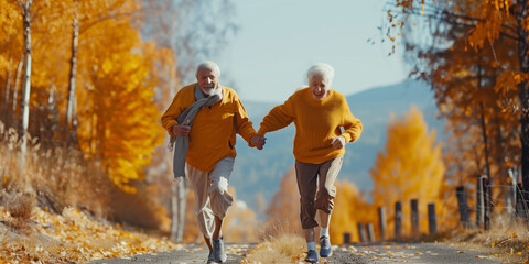 Fototapeta premium Old couple running in the park and holding each others hands, competing together and jogging, fresh air, active sport, sport clothes