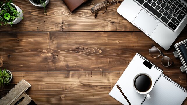 Top view office table with notepad, laptop and coffee cup flat lay background. AI generated image