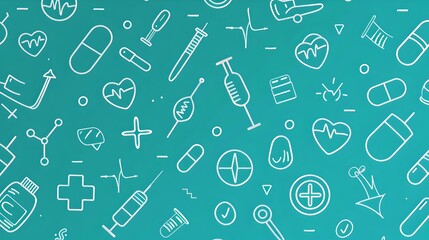 Vibrant Hand-Drawn Medical and Healthcare Icons on Teal Background. Seamless Pattern for Medical Industry. Ideal for Educational and Promotional Material. AI