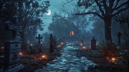 Scary halloween background with cemetery